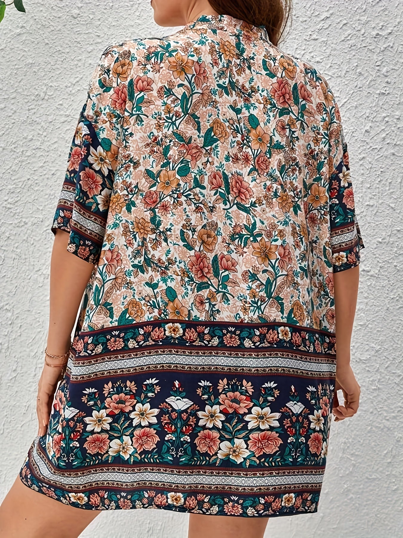 Floral Print Colorblock Top & Drawstring Shorts Set