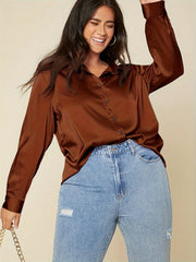 Casual Blouse Women's Solid Satin Button Up Long Sleeve Blouse