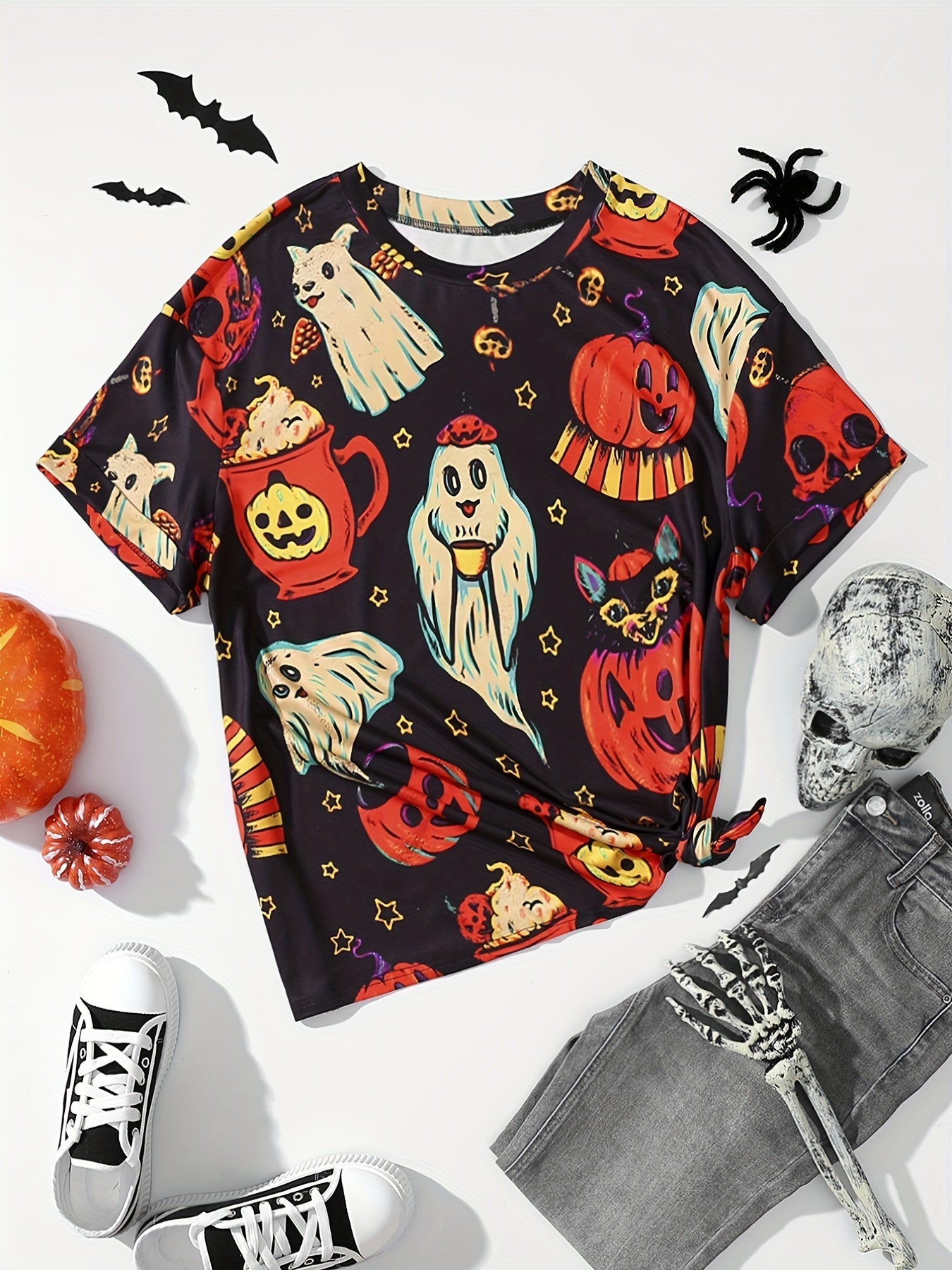 Halloween Blouse Women's Plus Pumpkin & Ghost Print Short Sleeve Top