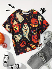 Halloween Blouse Women's Plus Pumpkin & Ghost Print Short Sleeve Top