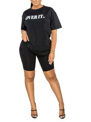 OVERIT Print Two piece Set Crew Neck Short Sleeve Top & Biker Shorts