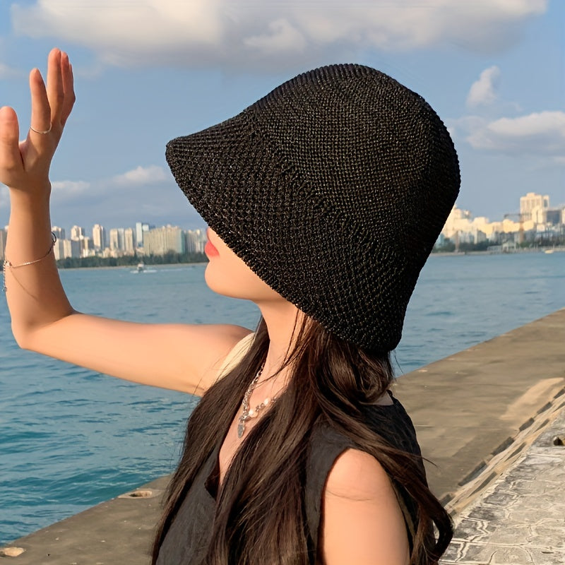 Solid Cloche Hat Hollow Crochet Sun Hat Bucket Hat For Spring & Summer