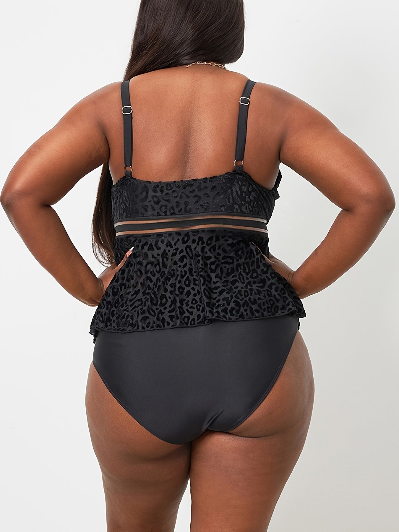 Sexy Tankini Set Leopard Pattern Mesh Peplum Cami Top & Panty Swimsuit