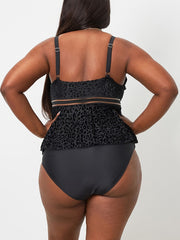 Sexy Tankini Set Leopard Pattern Mesh Peplum Cami Top & Panty Swimsuit