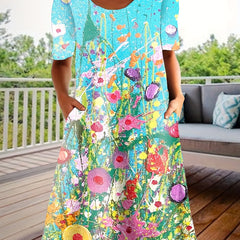 Floral Painting Print Short Sleeve Round Neck Dress With Pockets