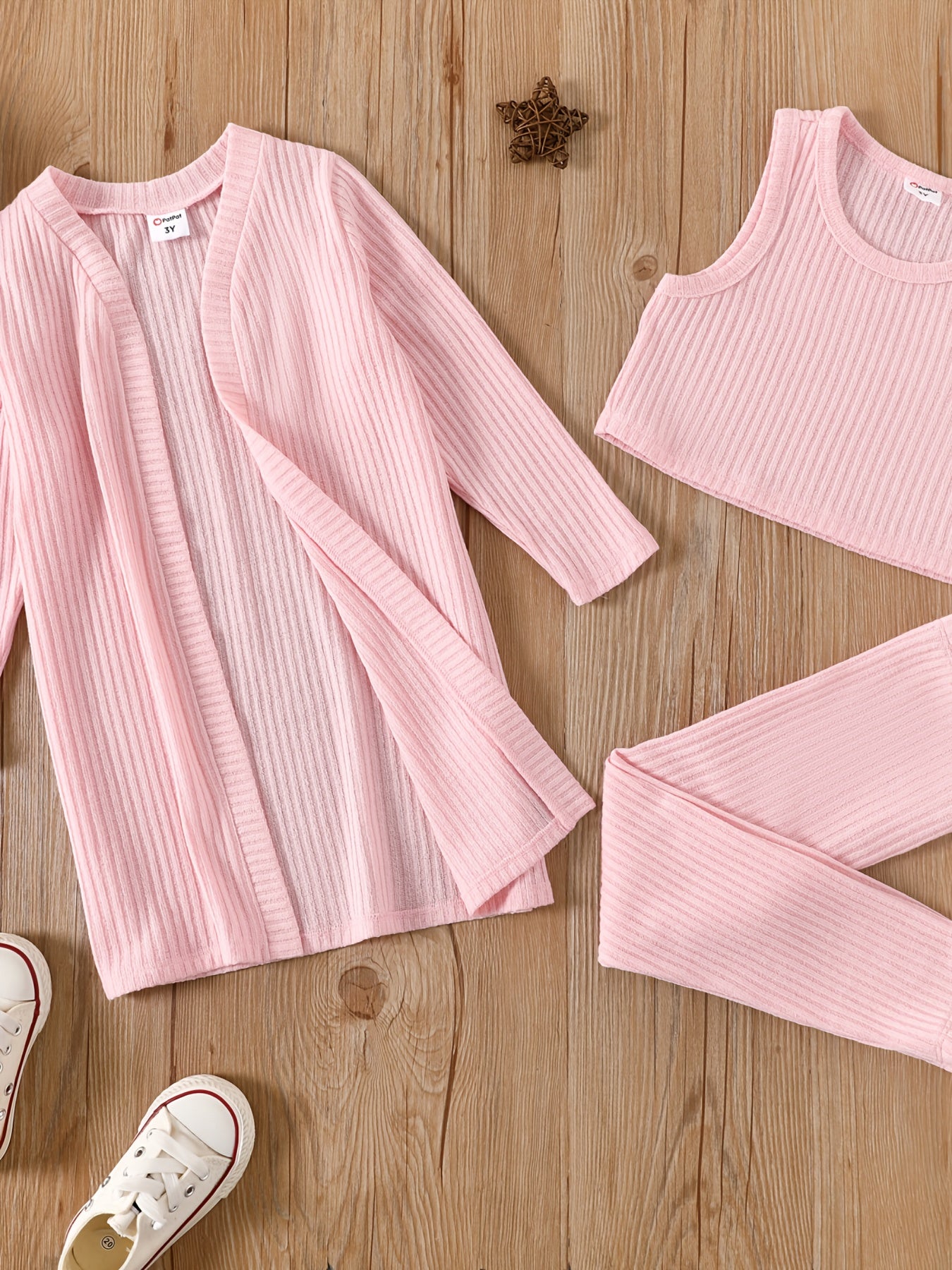 3pcs Toddler Girl Ribbed Cardigan & Tank Top & Leggings Set