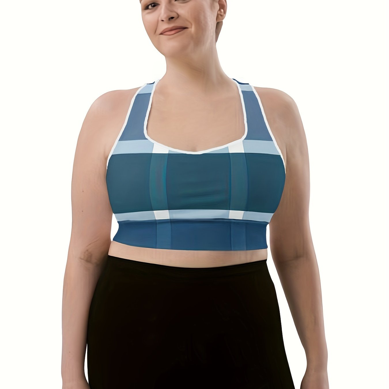 Plaid Print Round Neck Fitness Bra