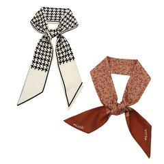 2pcs Houndstooth Floral Print Skinny Scarf Long Ribbon Neckerchief