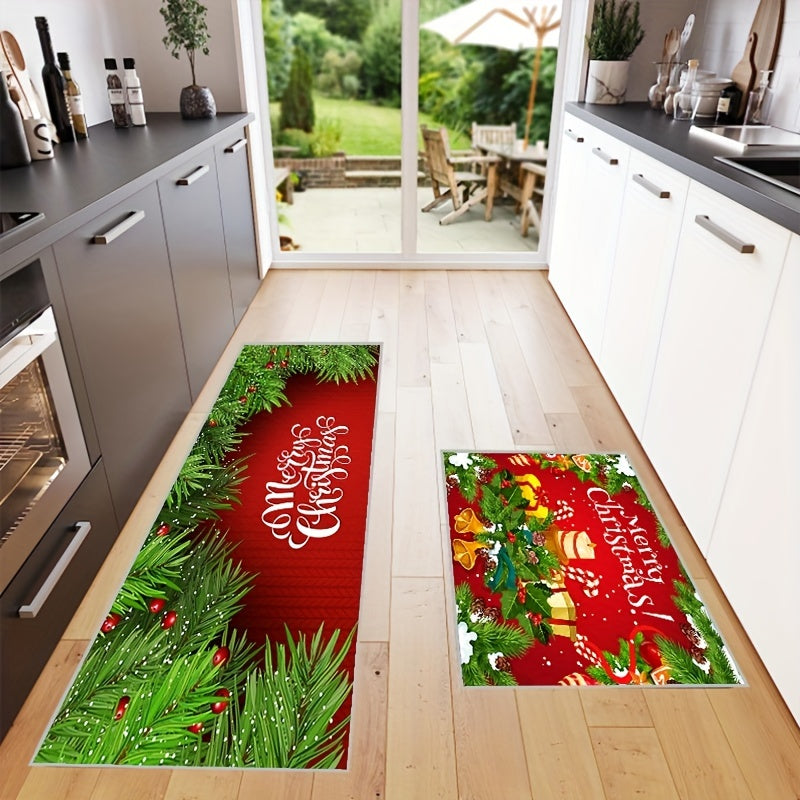 Red Christmas Pattern Floor Mat Soft Anti Fatigue Kitchen Mat