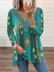 Boho Blouse Geo & Feather Print V Neck Top