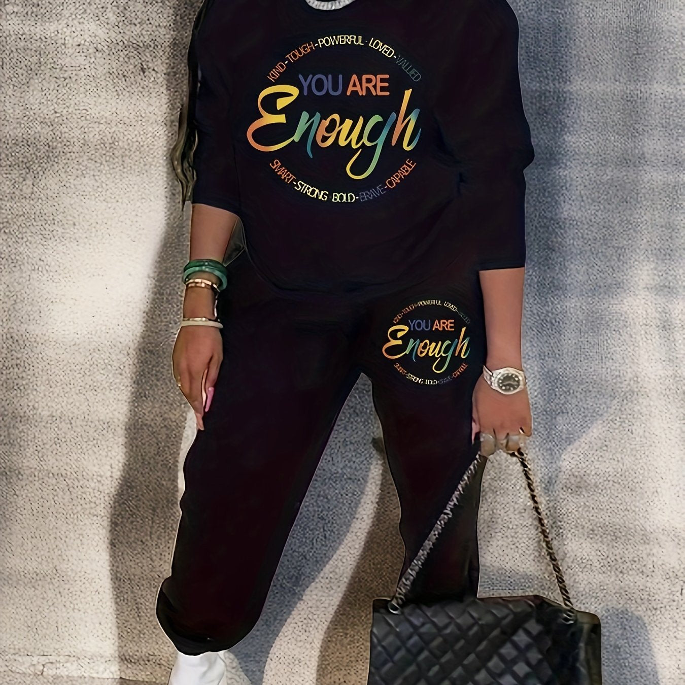 Ombre Slogan Print Sweatshirt & Jogger Set