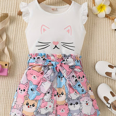 2pcs Toddler Girls Cat Graphic Ruffle Trim T Shirts Top & Shorts Set