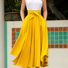 Solid Tie Waist Casual Ruched A Line Maxi Skirt Women's Clothing