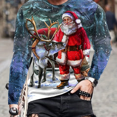 Christmas Deer Print Men's Long Sleeve T-shirt Stylish Tees For Autumn