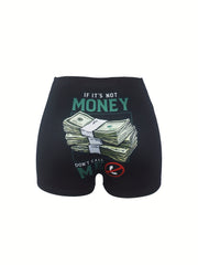 Money & Letter Print Skinny Shorts for Spring & Summer
