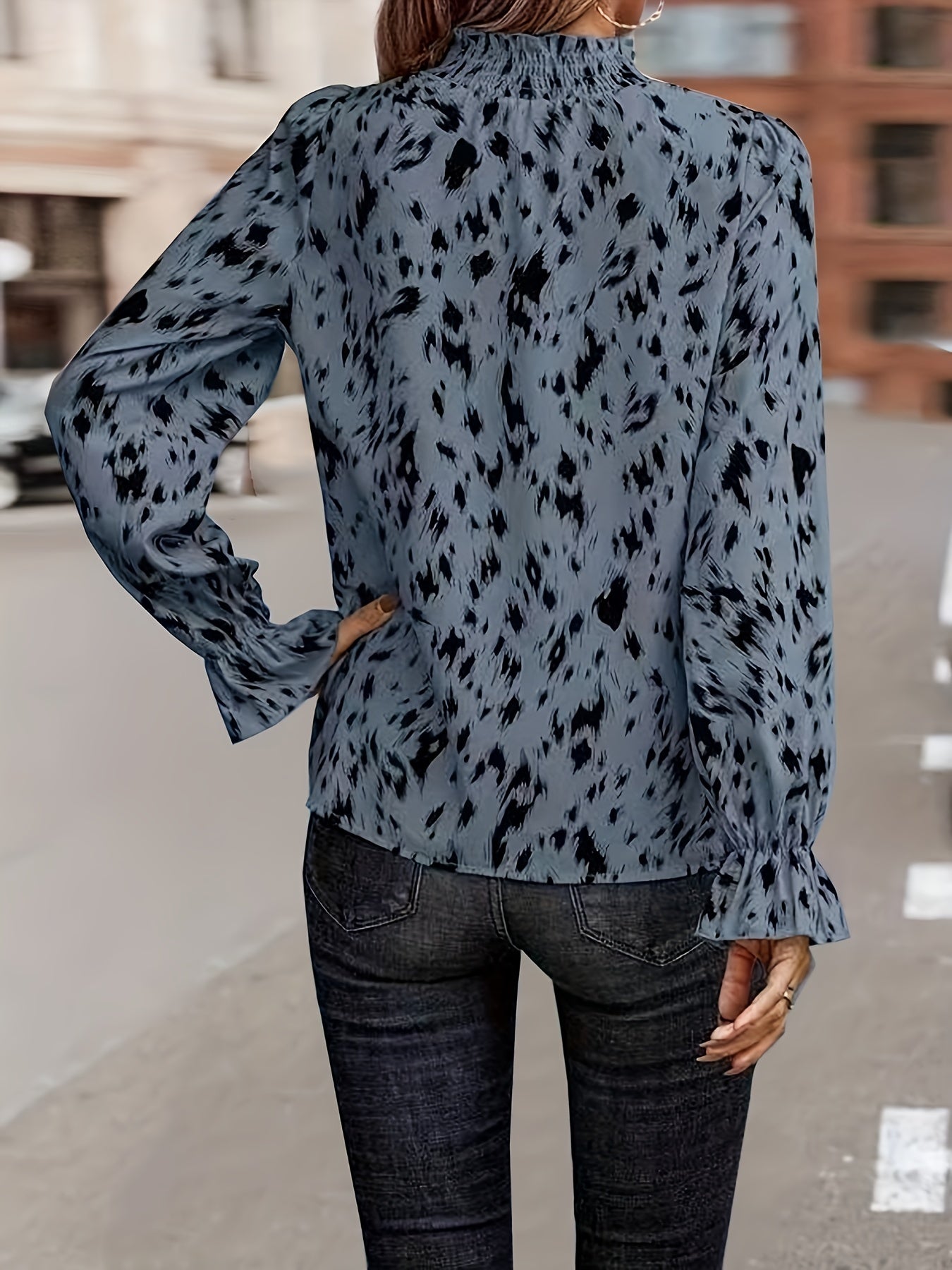 Leopard Print Lantern Sleeve Mock Neck Top