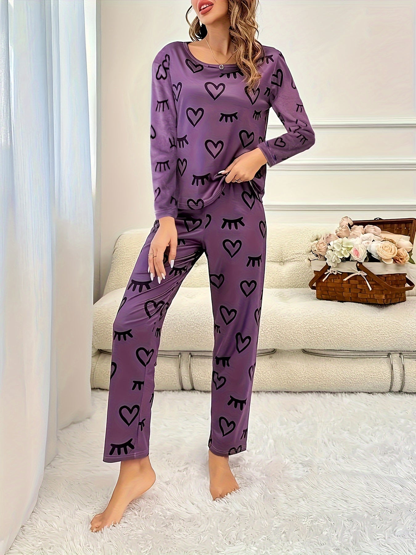 Heart & Eyelash Print Long Sleeve Pajamas 2 PC Set