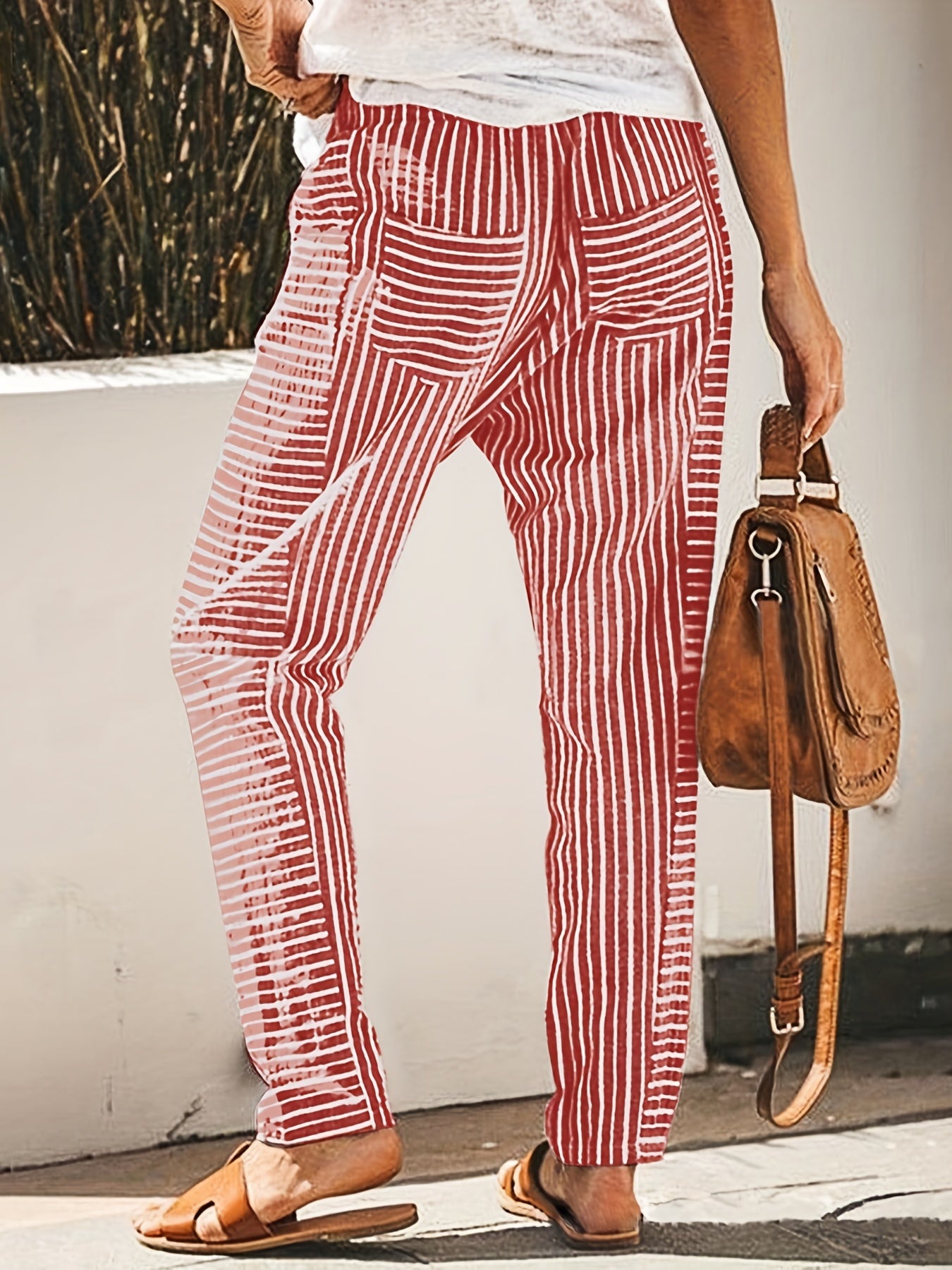 Striped Straight Leg Pants High Waist Drawstring