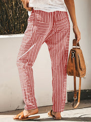 Striped Straight Leg Pants High Waist Drawstring