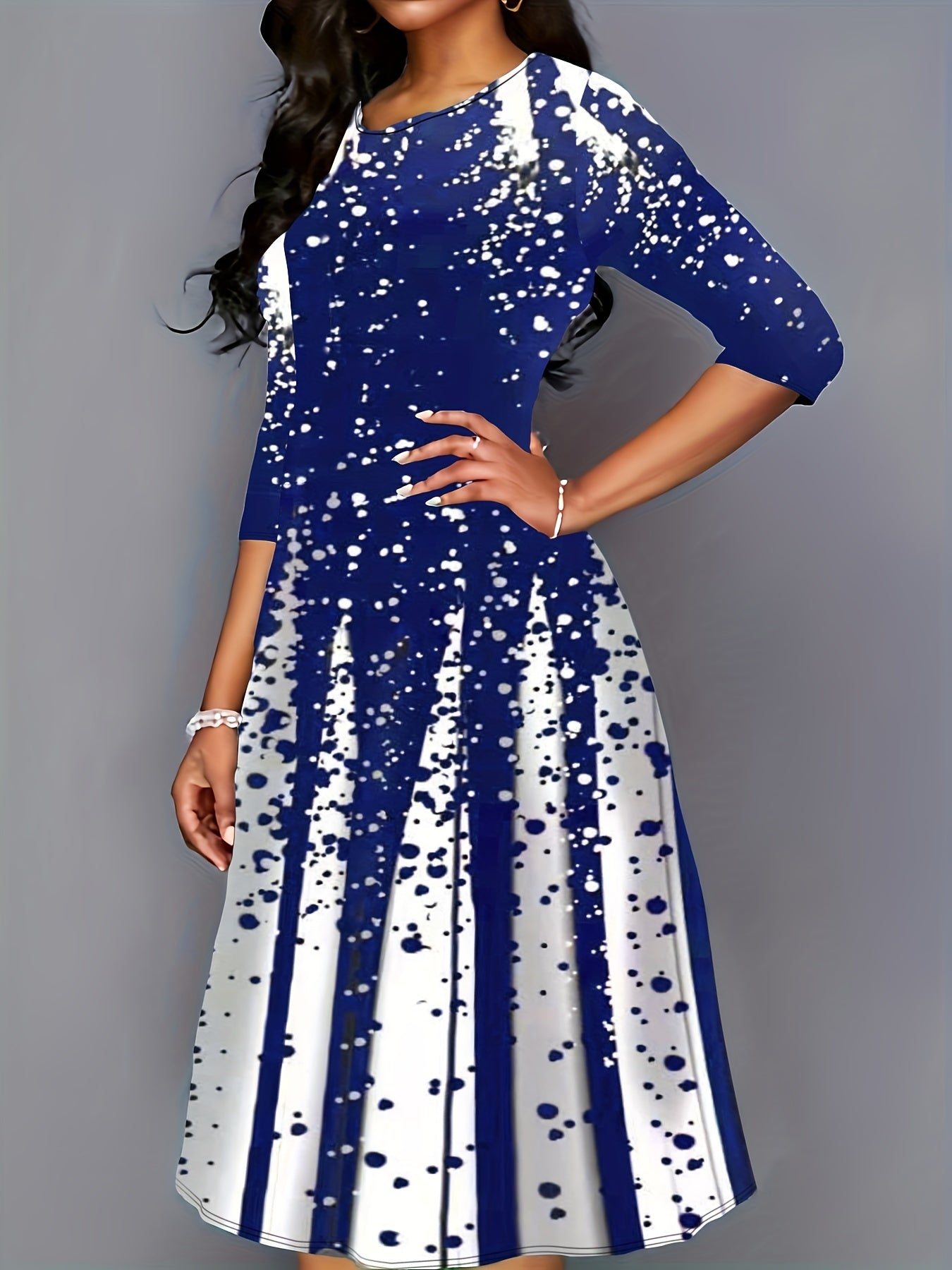 Women's Plus Polka Dot & Stripe Print Round Neck A-line Maxi Dress