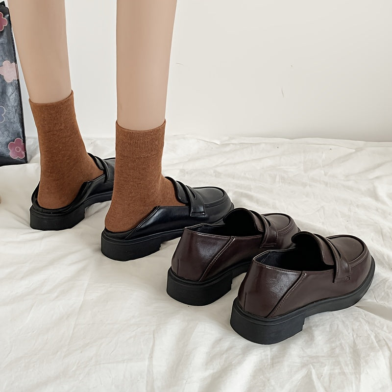 Chunky Low Heeled Loafers Preppy Style Slip On Shoes