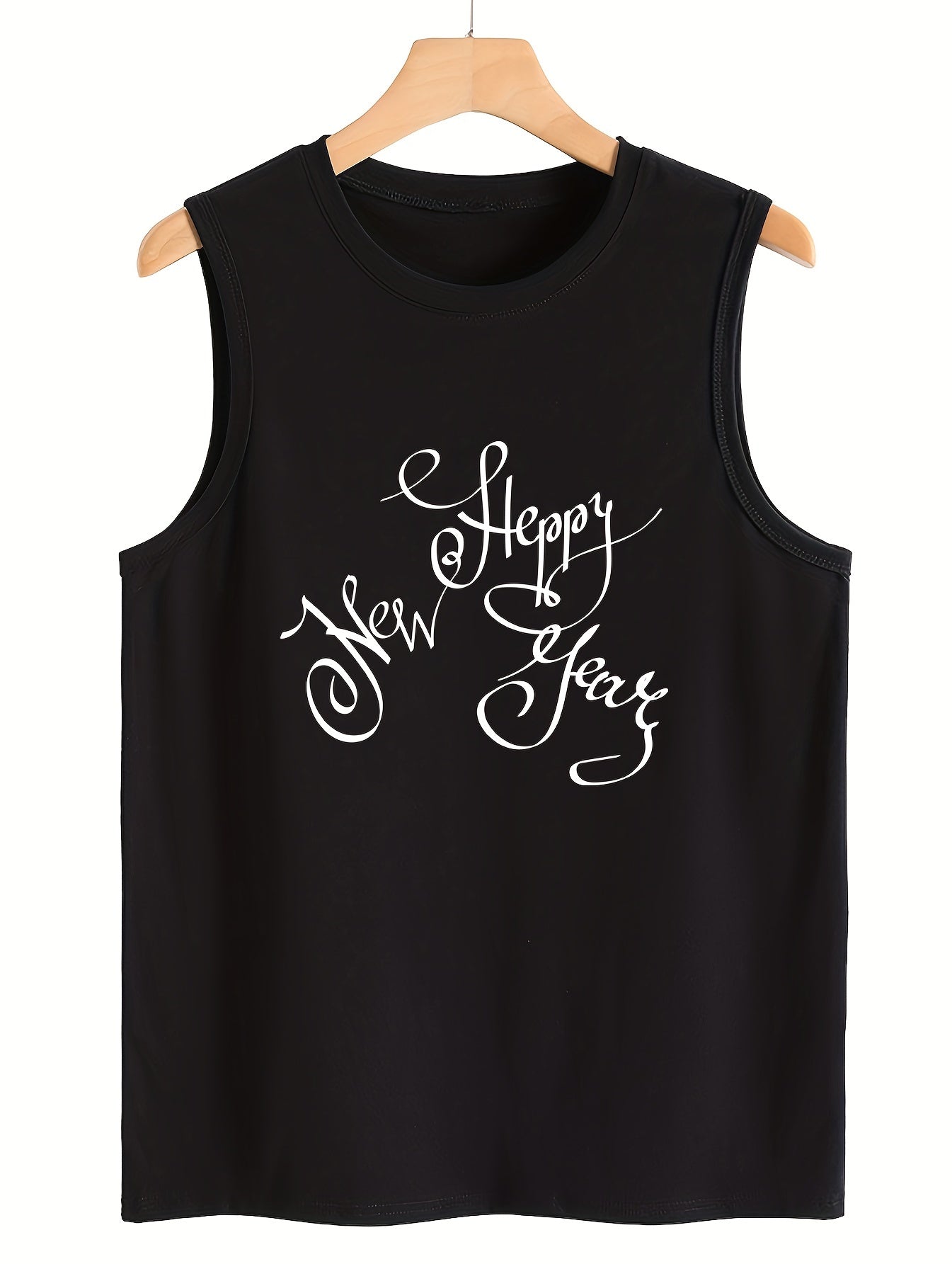 Happy Year Print Sleeveless Sports Vest Round Neck Casual Tops