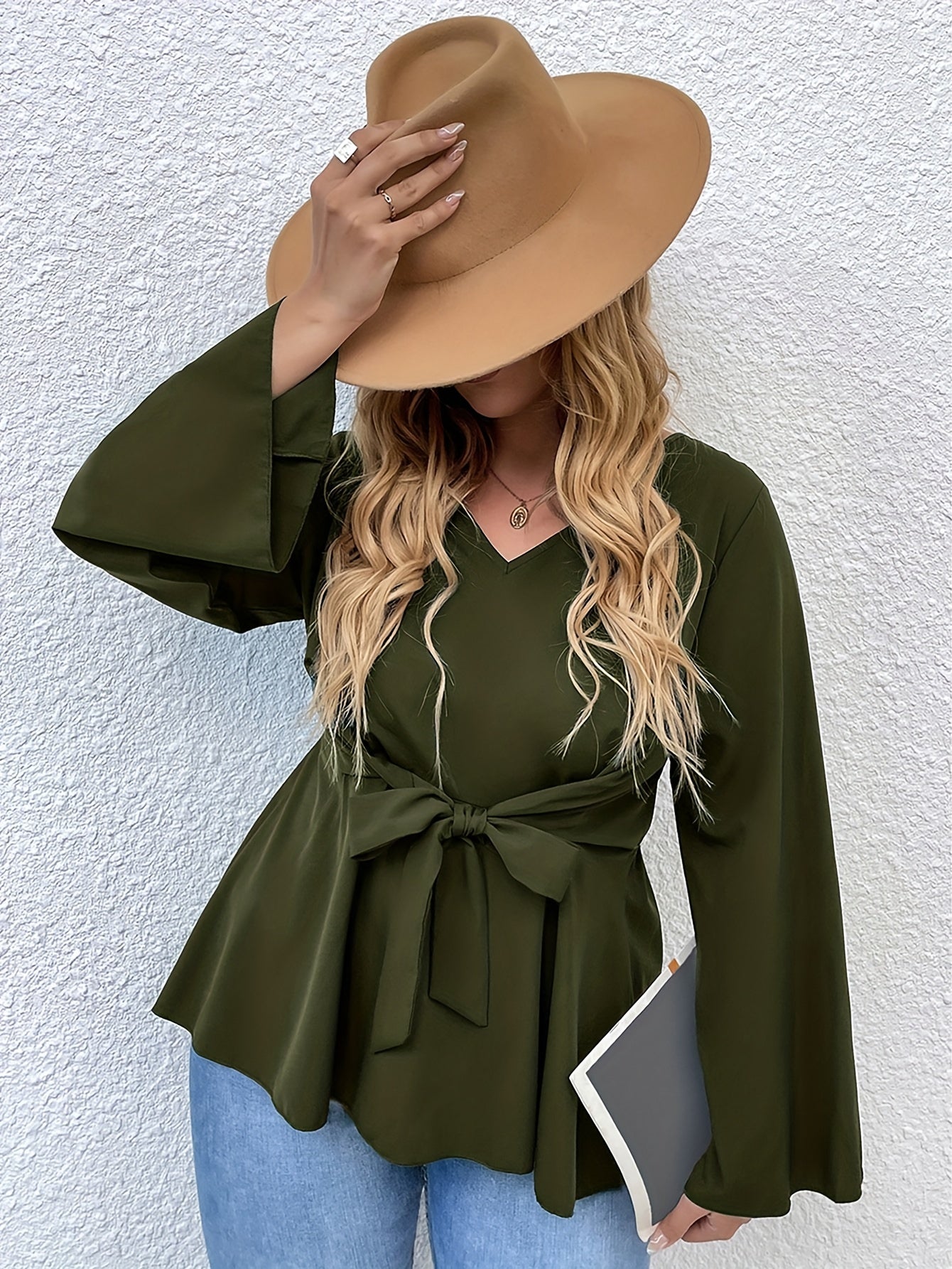 Long Sleeve Peplum Top with Belt