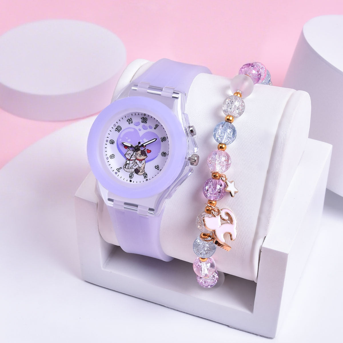 2pcs Girls' Cat Watch Set with Soft Silicone Strap & Beaded Bracelet