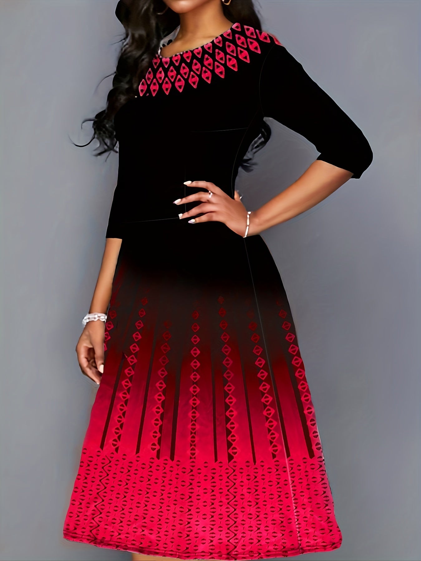 Geometric Print Half Sleeve Round Neck Dress