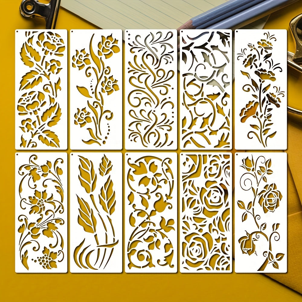 10pcs Leaf & Flower Painting Stencils Reusable Floral Stencil With Metal Ring