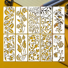 10pcs Leaf & Flower Painting Stencils Reusable Floral Stencil With Metal Ring