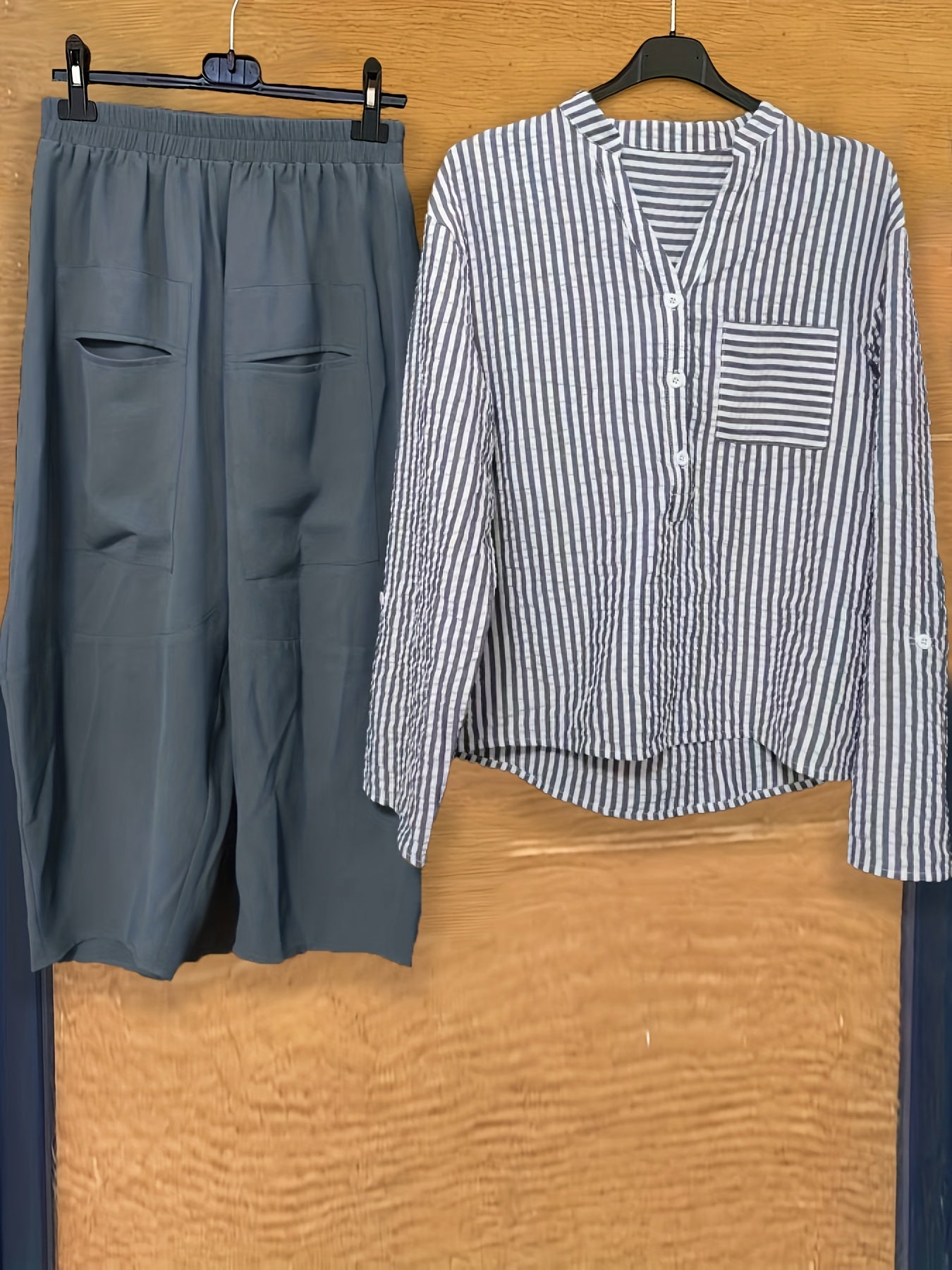 Striped Print Button Blouse & Wide Leg Pants Set