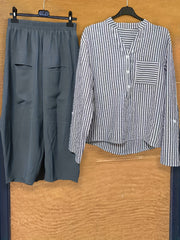Striped Print Button Blouse & Wide Leg Pants Set