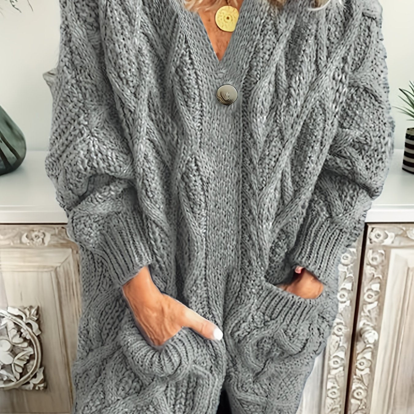 Solid Long Sleeve Stretch Cardigan with Pockets