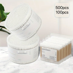 500pcs/100pcs Pointed Round Cotton Swabs Disposable Ear Pick Cleaning Sticks