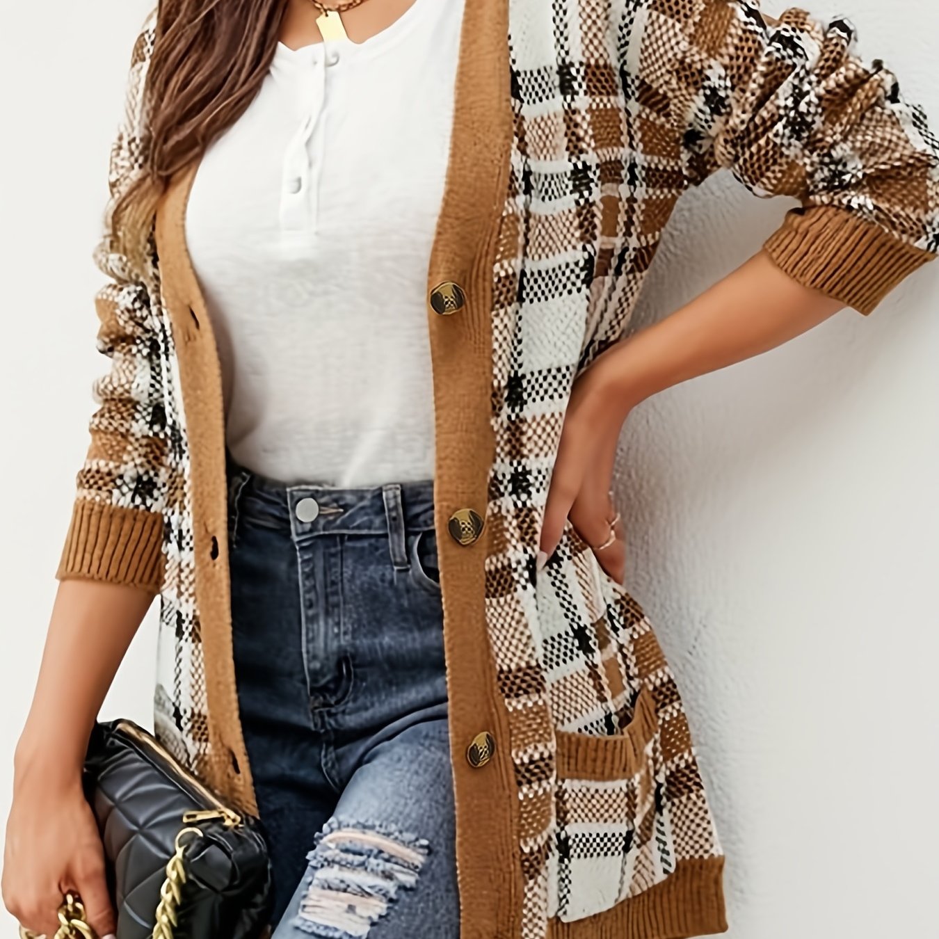 Plaid Print Long Sleeve Button Up Cardigan with Pockets