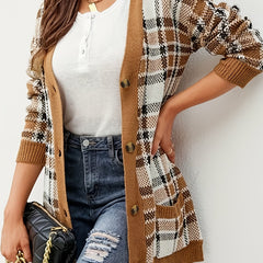 Plaid Print Long Sleeve Button Up Cardigan with Pockets