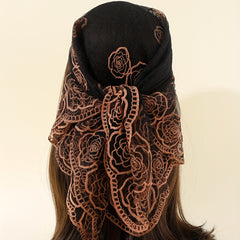 Boho Rose Flower Bandana Sheer Mesh Neckerchief Embroidered Head Wrap