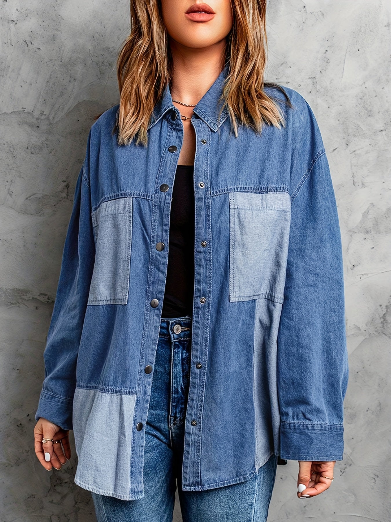 Patchwork Print Long Sleeve Denim Shirt Top