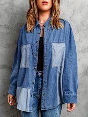 Patchwork Print Long Sleeve Denim Shirt Top