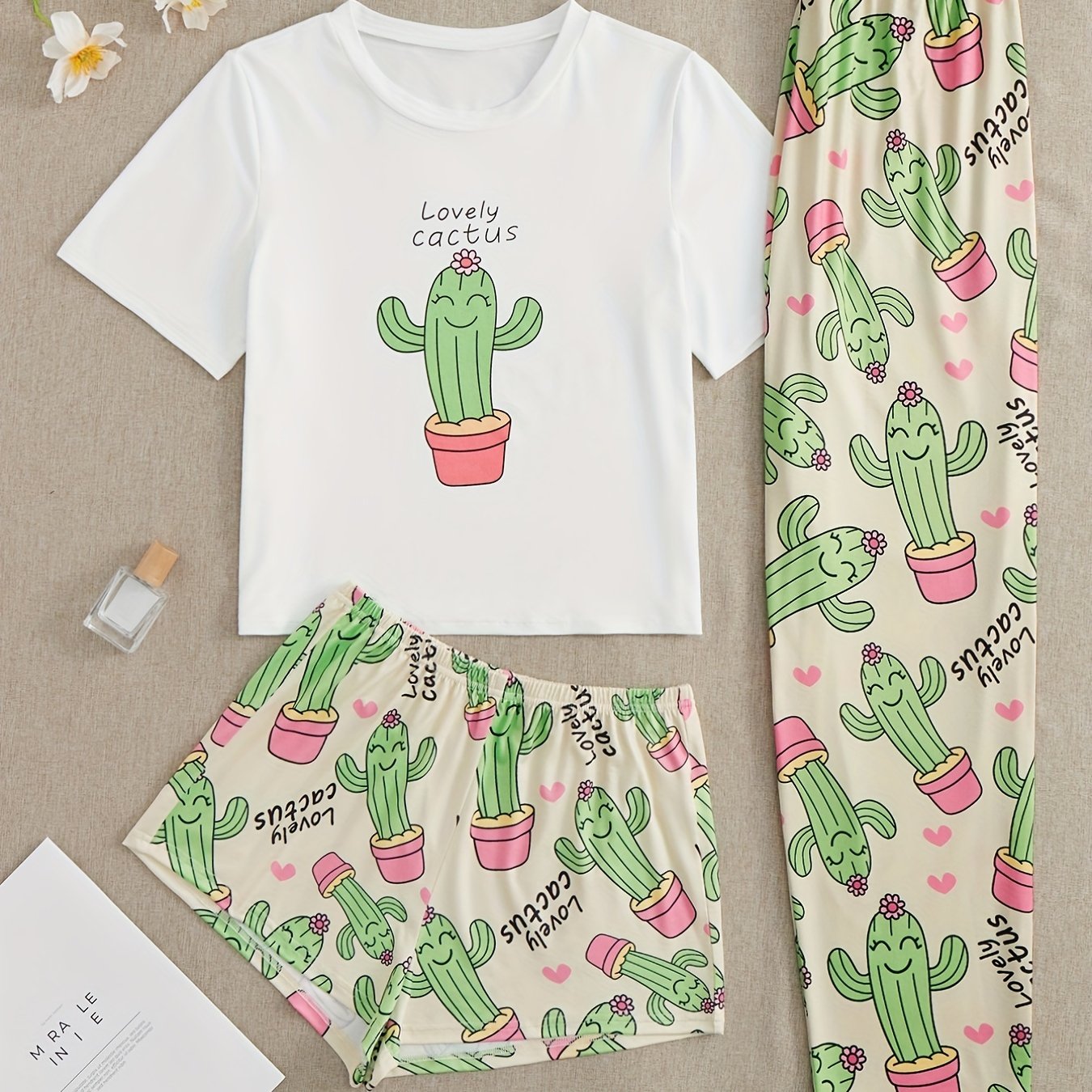 Cactus Print Pajama Set Short Sleeve T-shirt & Shorts
