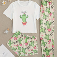 Cactus Print Pajama Set Short Sleeve T-shirt & Shorts