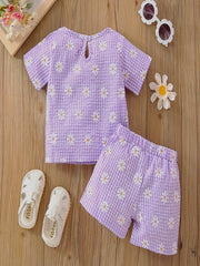 Girls Summer Plaid & Flowers Outfit Short Sleeve T shirt & Shorts Set