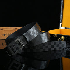 Men's Checkerboard Pattern Cowhide Belt 3 1/4in Auto Buckle Adjustable 304 Stain