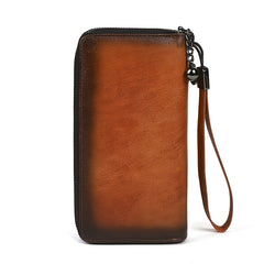 Vintage Floral Print Cowhide Wallet with Wrist Strap