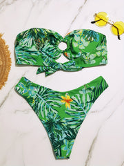 Tropical Plant Leaf & Flower Print Bandeau Two Piece Bikini Set
