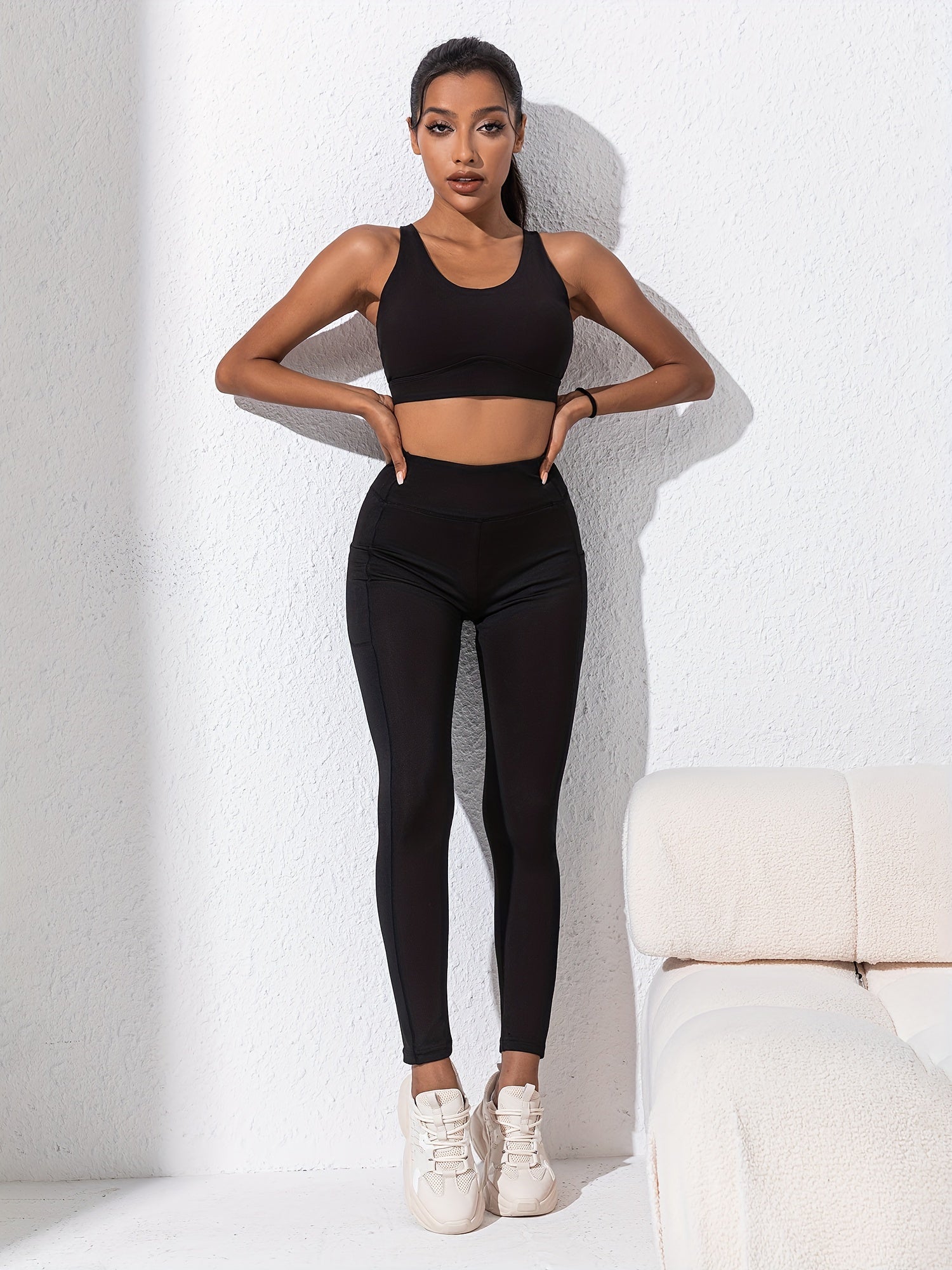 Solid Yoga Pants With Pocket High Stretch Leggings