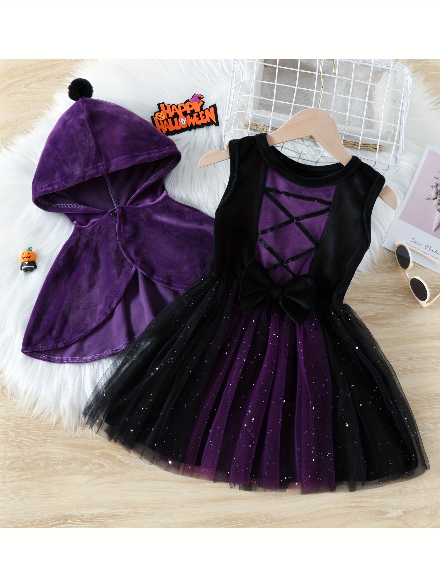 2pcs Toddler Girls Sequins Tulle Princess Tutu Dress & Hooded Cloak Set