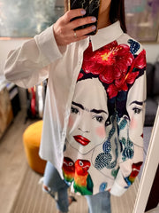 Colorblock Figure Print Button Up Blouse