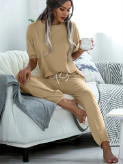 Solid Two piece Set Puff Sleeves & Drawstring Waist Pants Set